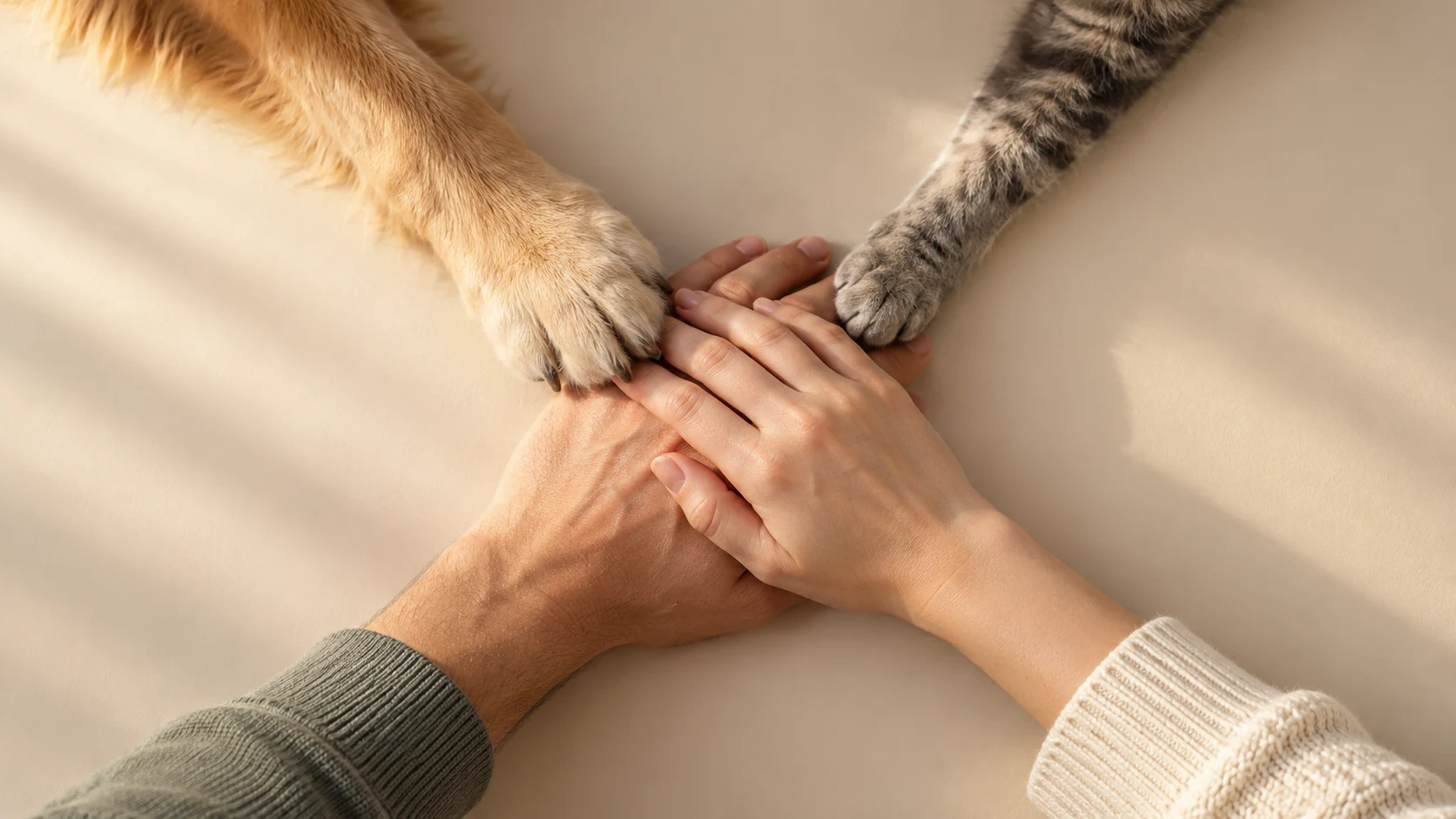 Dos manos se unen con una patita de perro y una patita de gato