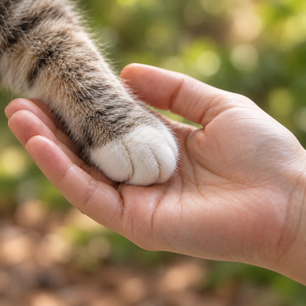 Patita de gato descansando en una mano, con naturaleza al fondo