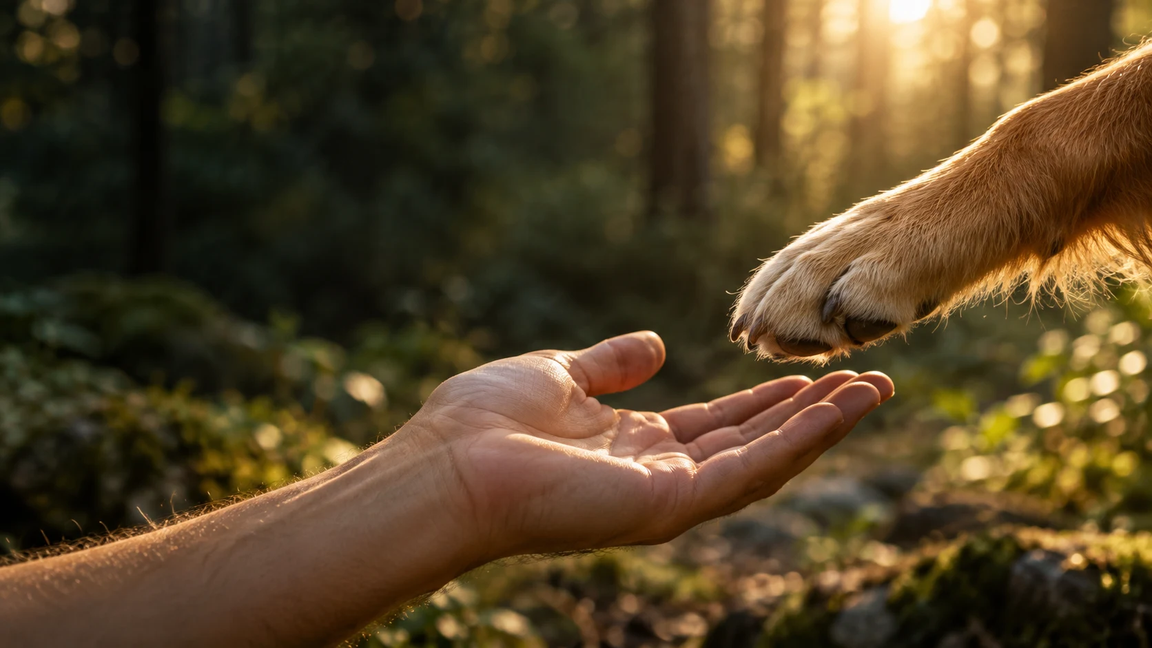 Una mano y una patita se encuentran bajo la luz del bosque