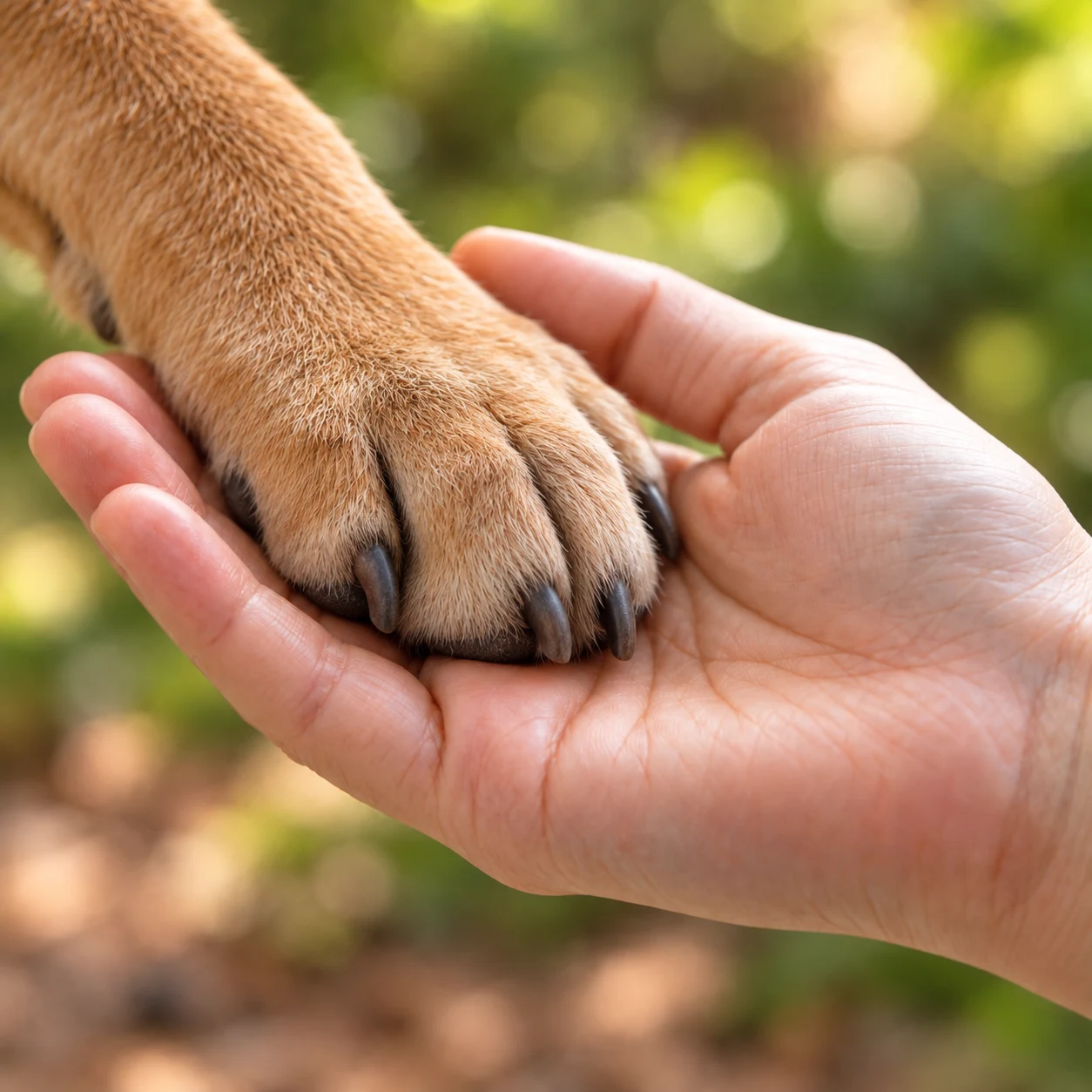 Patita de perro descansando en una mano, con naturaleza al fondo